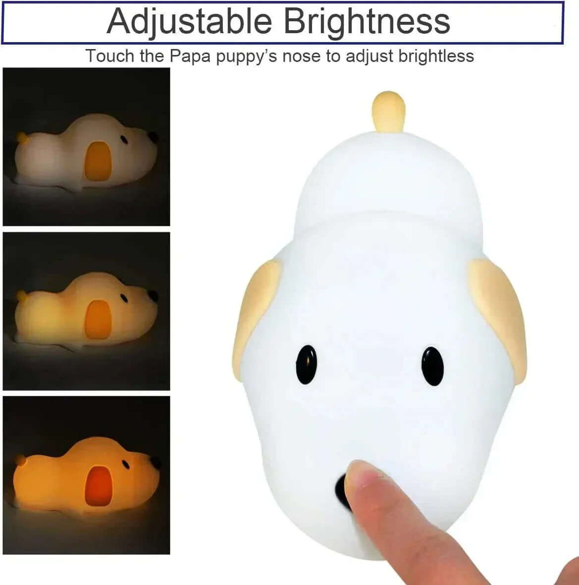 Papa Puppy Night Light with adjustable brightness, touch sensor control, and soft silicone design for kids' room decor.