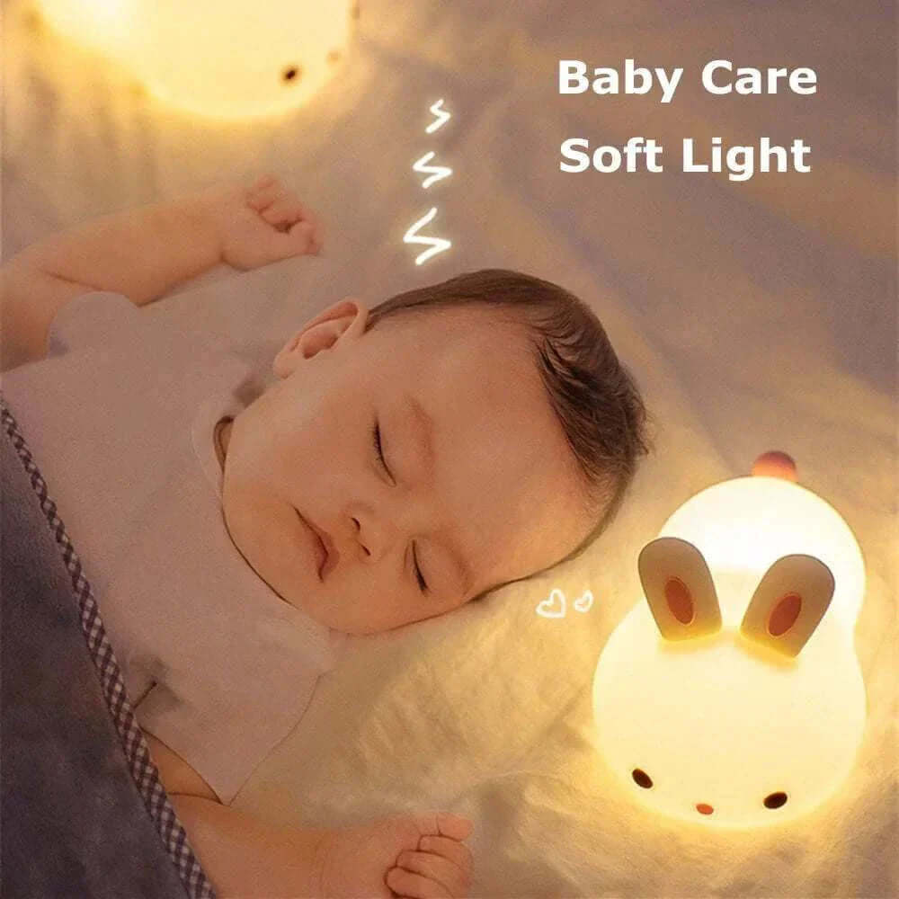 Baby Bunny Night Light with adjustable RGB colors, perfect for a child's room, made from soft silicone, USB rechargeable.