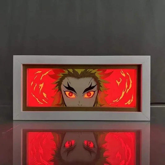 Kyojuro Rengoku Demon Slayer light box with glowing flame design and vibrant colors.