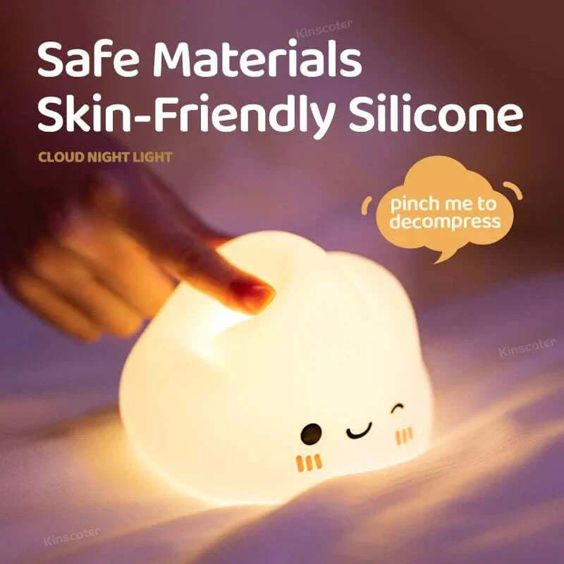 Cloud night lighting made of safe, skin-friendly silicone, offering dimmable glow for children's rooms.