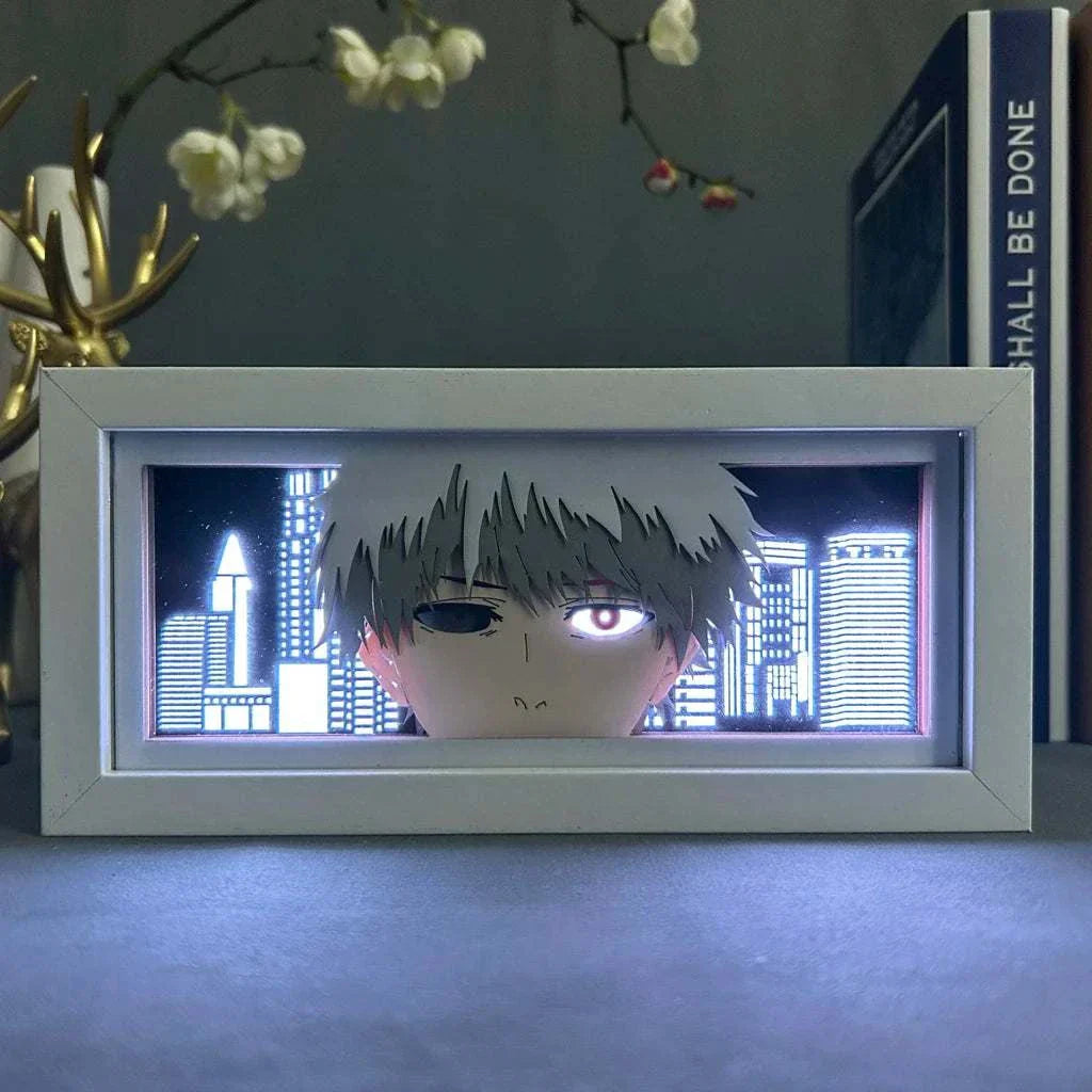 Ken Kaneki face light box with ghoul eye and mask from Tokyo Ghoul series, eco-friendly materials.