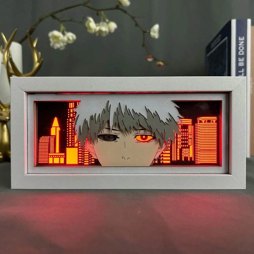 Ken Kaneki face and eyes in Tokyo Ghoul light box with crimson glow and iconic mask.