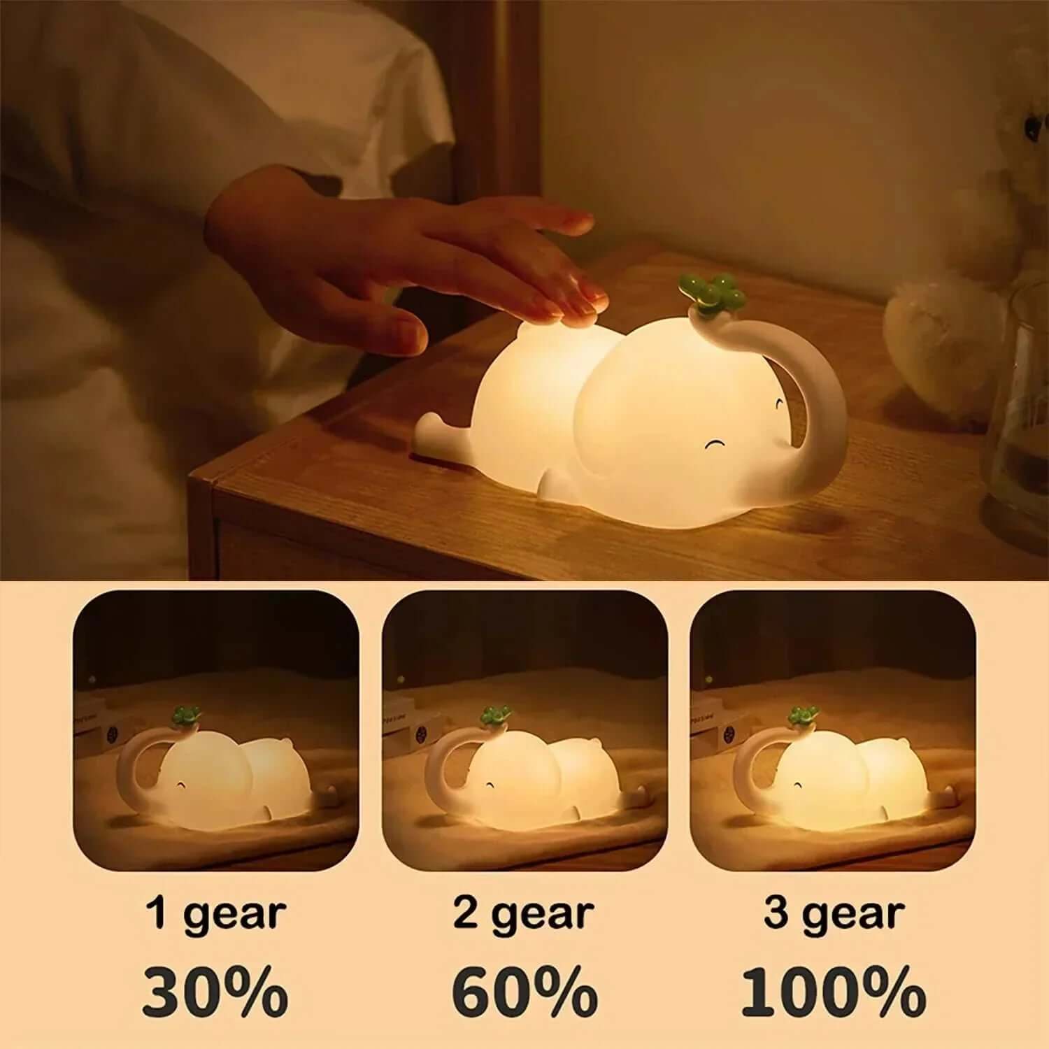 Baby Elephant Night Light on bedside table with adjustable brightness levels for children's room ambiance.