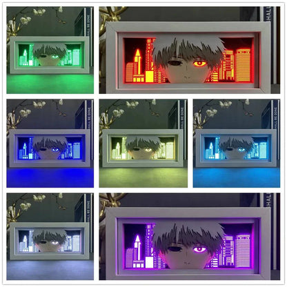 Ken Kaneki light box featuring his ghoul eye and mask from Tokyo Ghoul, illuminated in various colors.