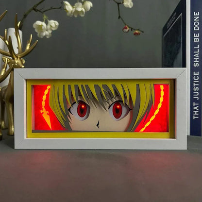 Kurapika light box with glowing scarlet eyes and Judgment Chain from Hunter x Hunter, eco-friendly.