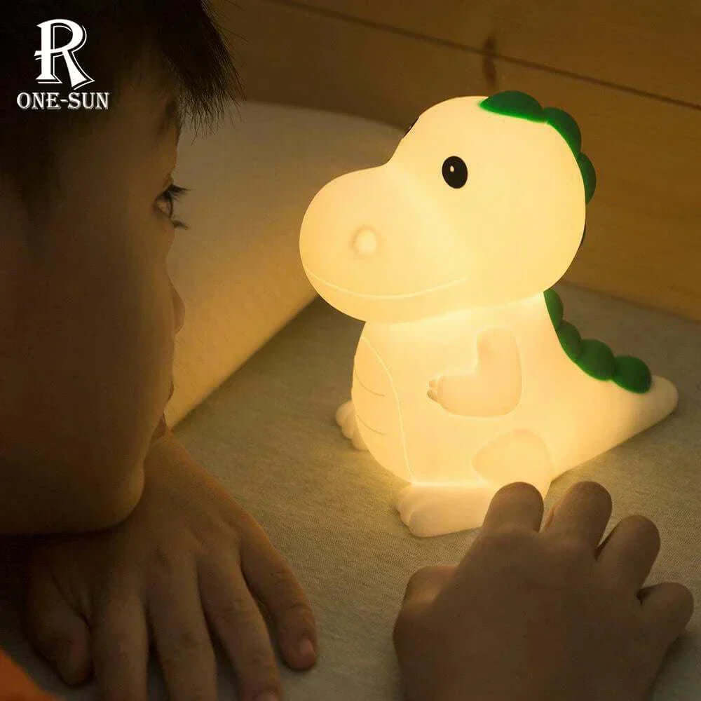 Lovely Dinosaur Night Light with soft silicone design and USB rechargeable, perfect for kids' room decor.