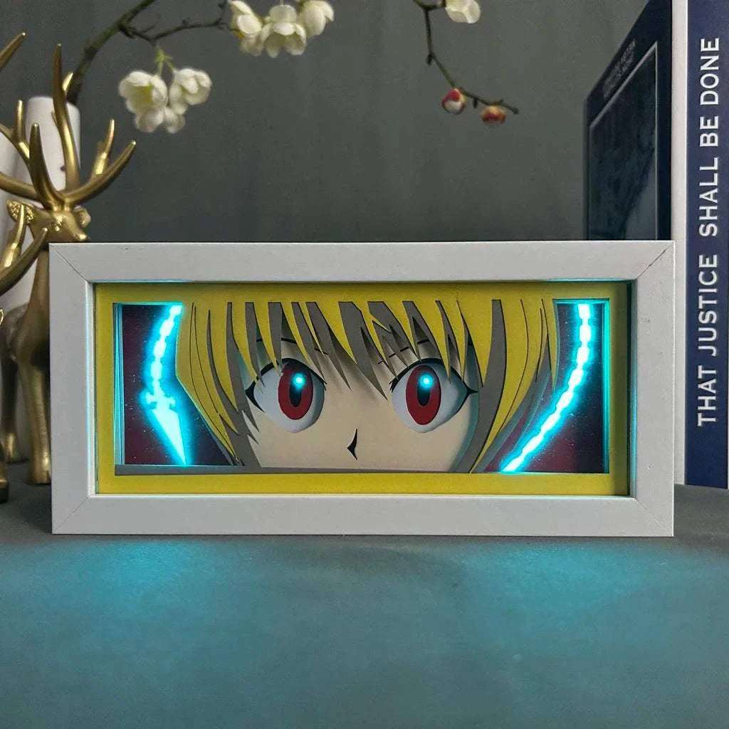 Kurapika light box featuring glowing scarlet eyes and Nen chains from Hunter x Hunter, eco-friendly collectible.