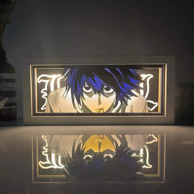 Death Note light box featuring L Lawliet with intense gaze and mysterious glow.