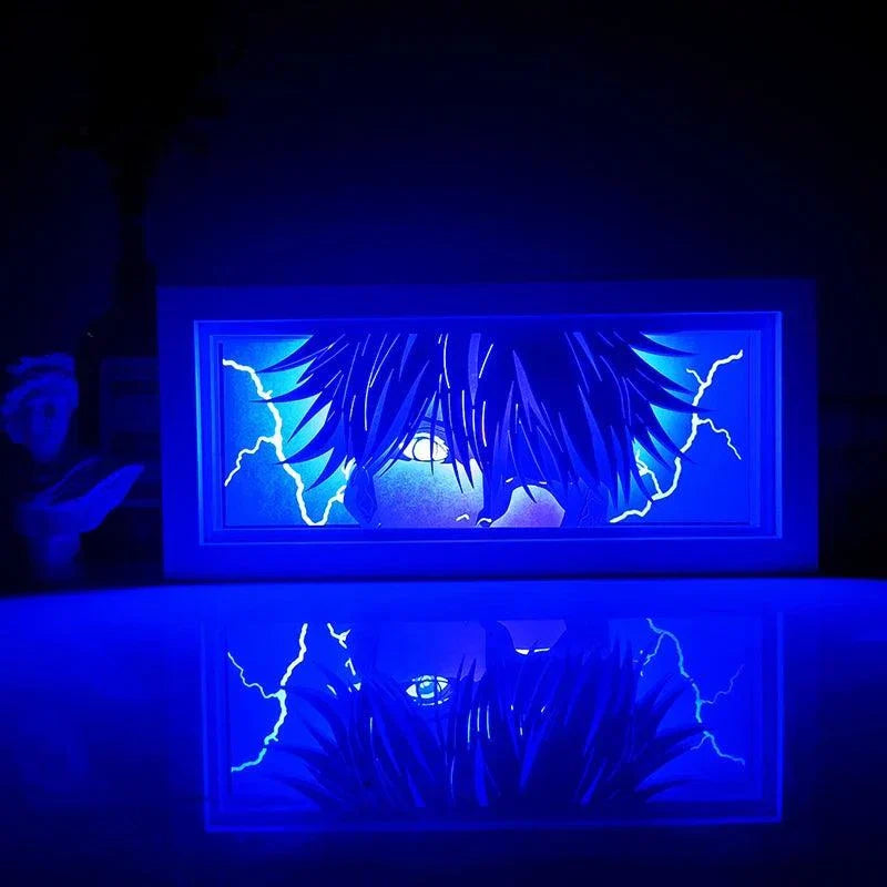 Gojo Satoru Six Eyes light box illuminating with vibrant blue lighting, featuring his iconic pose from Jujutsu Kaisen.