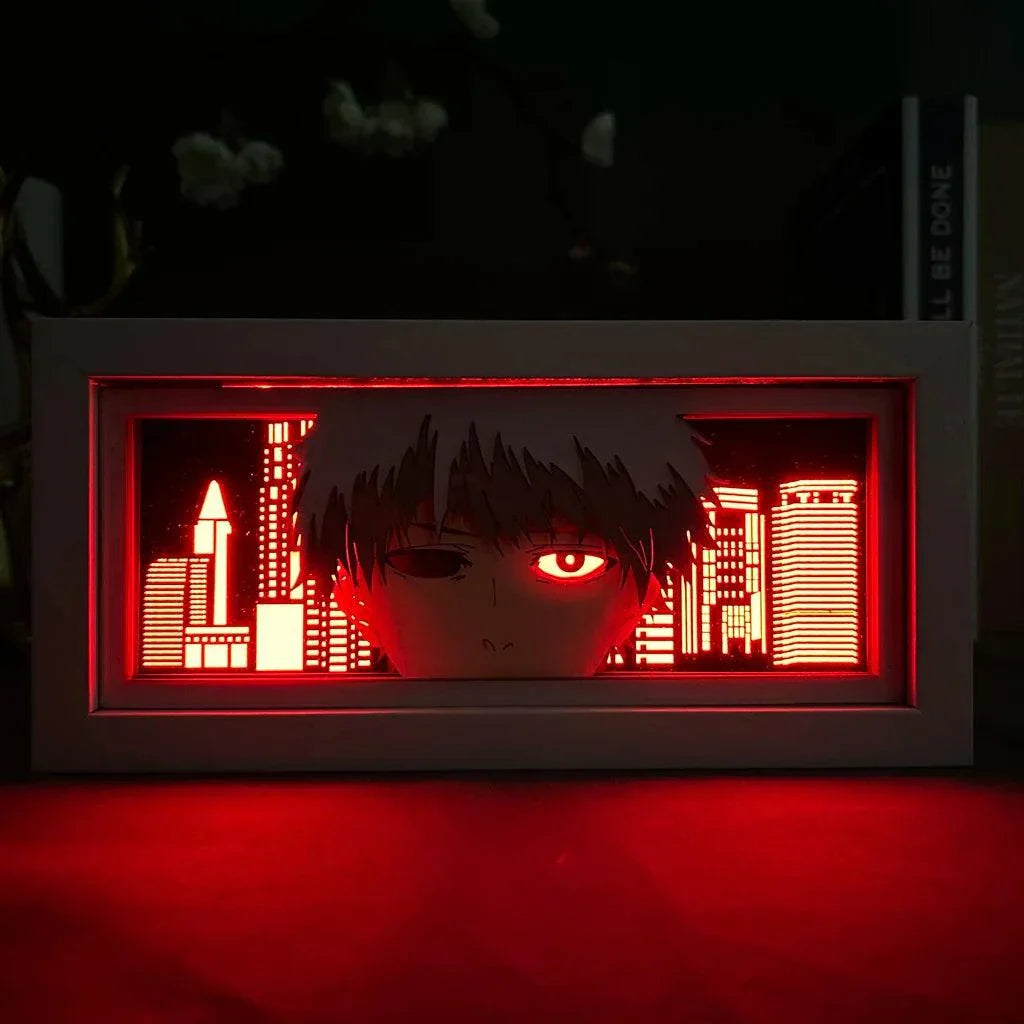 Ken Kaneki light box featuring ghoul eye and mask from Tokyo Ghoul, illuminated for dramatic effect.