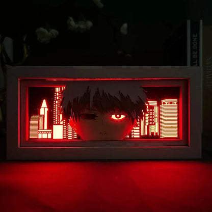 Ken Kaneki light box featuring ghoul eye and mask from Tokyo Ghoul, illuminated for dramatic effect.