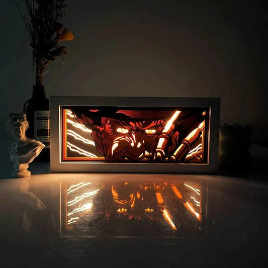 Freddy Krueger light box with eerie glow, featuring his hat, sweater, and razor glove, eco-friendly horror decor.