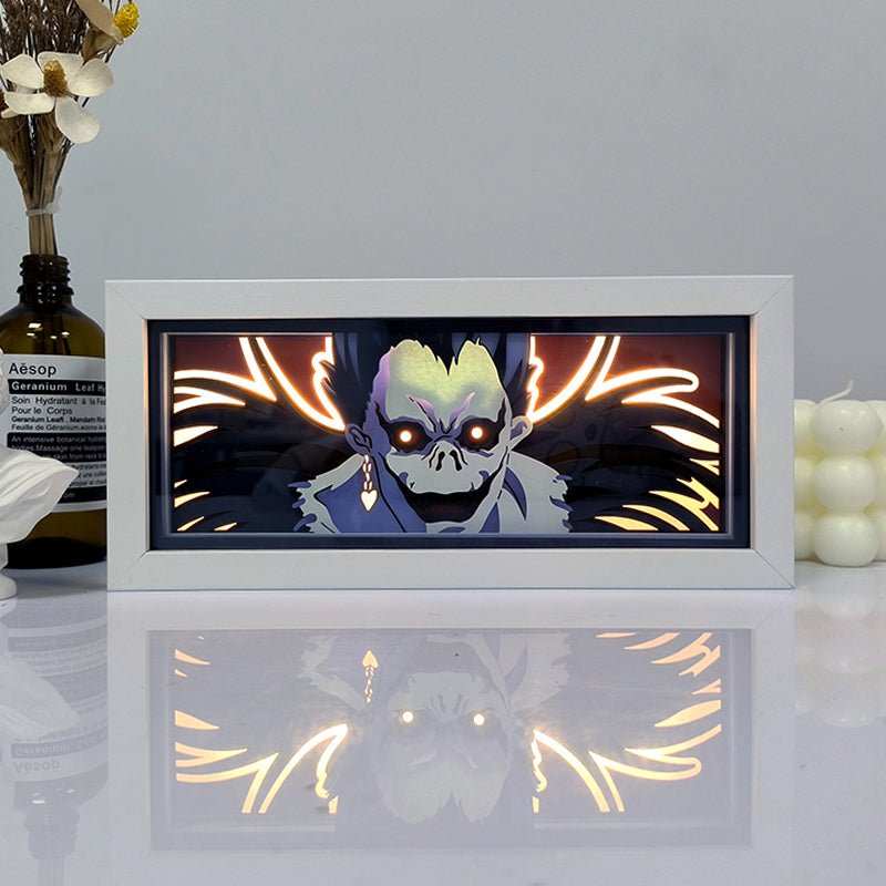 Ryuk Death Note light box with eerie glow and sustainable materials.