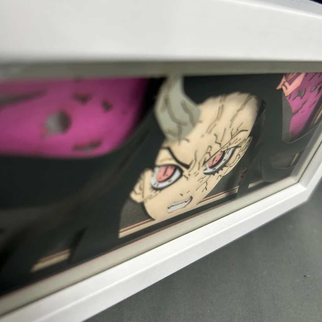 Nezuko Kamado Demon Slayer light box with glowing pink eyes and bamboo muzzle, eco-friendly materials.