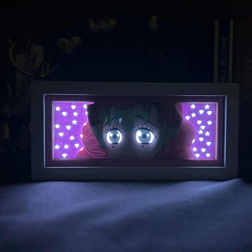 Mitsuri Kanroji Demon Slayer light box with glowing eyes and vibrant pink and green hair.