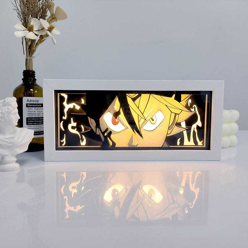 Asta Black Clover light box with grimoire design and eco-friendly materials.